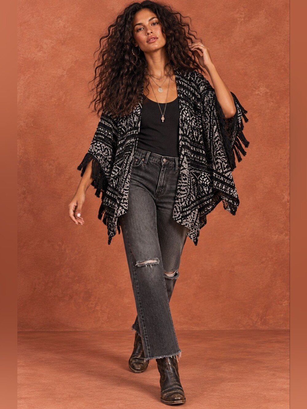 Free People Black Gray Jacquard Oversized Fringe Kimono Cardigan M/L